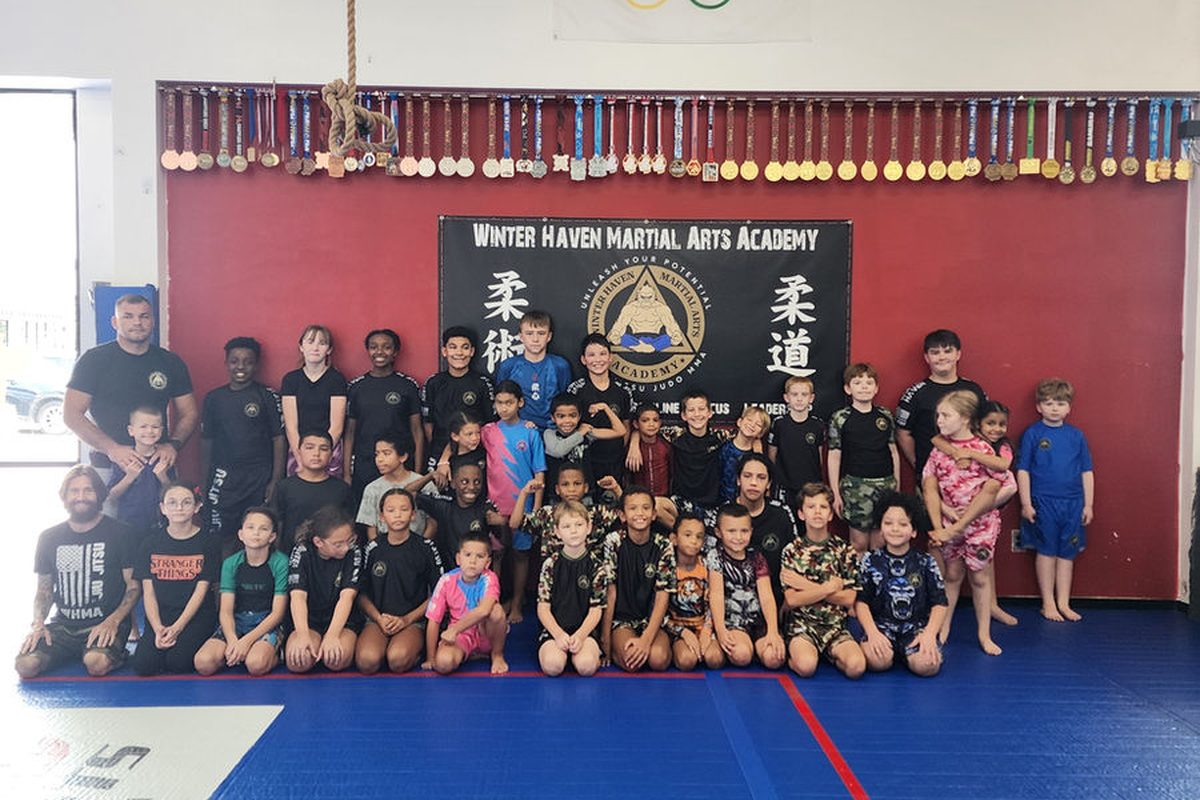 Homeschool students in a daytime jiu-jitsu class in Winter Haven, Florida
